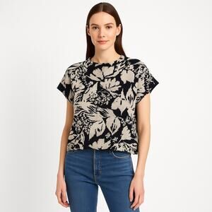 Joie Quiet Luxury Cream & Black Short Sleeve Boxy Cropped Sweater Top Size XS